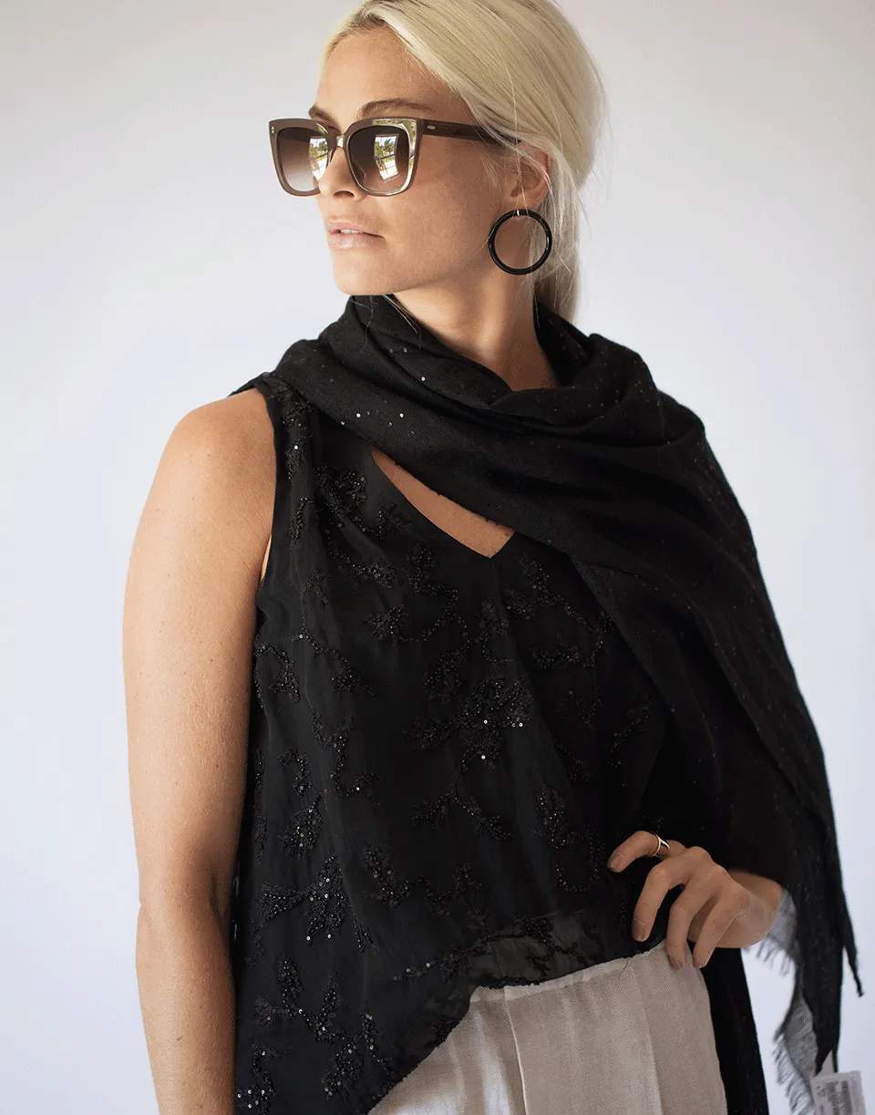 Black Cashmere Silk and Paillette Scarf