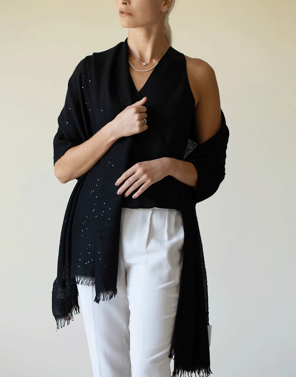 Black Cashmere Silk and Paillette Scarf