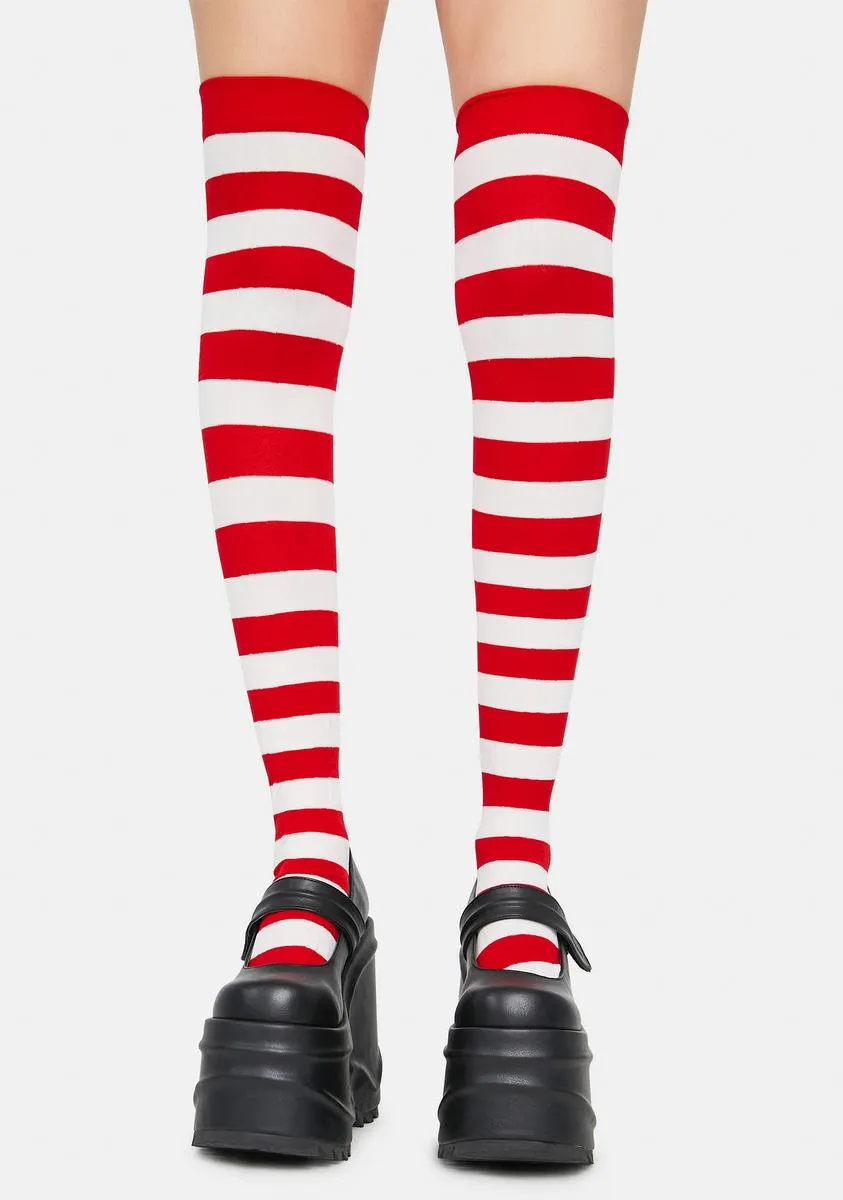 Candy Cane Make U Pay Striped Thigh Highs