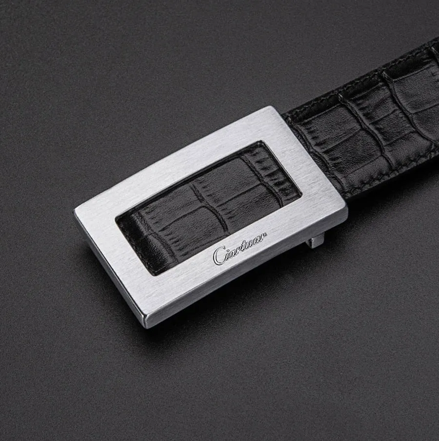 Classic Rectangular Silver Buckled Leather Belt