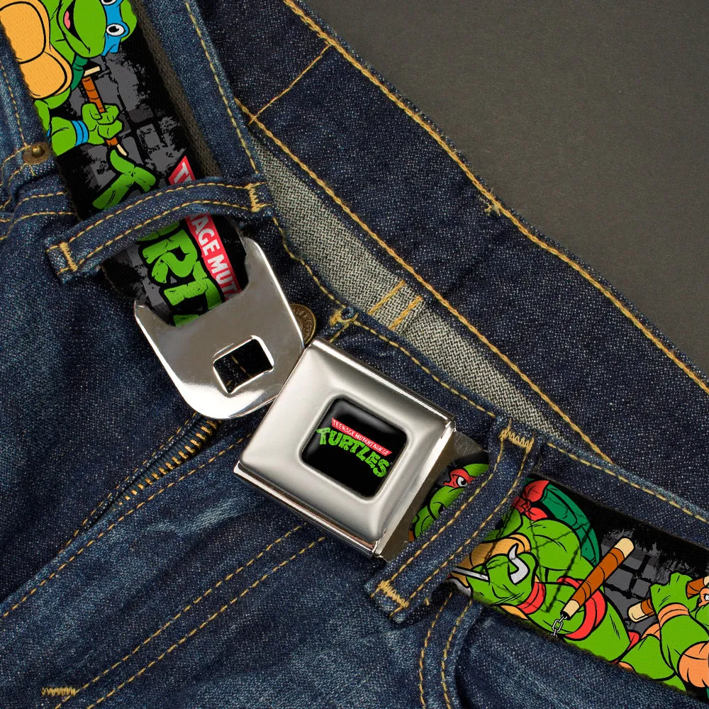 Classic TMNT Logo Full Color Seatbelt Belt - Classic TEENAGE MUTANT NINJA TURTLES Group Pose4 in Sewer/TMNT Logo Webbing