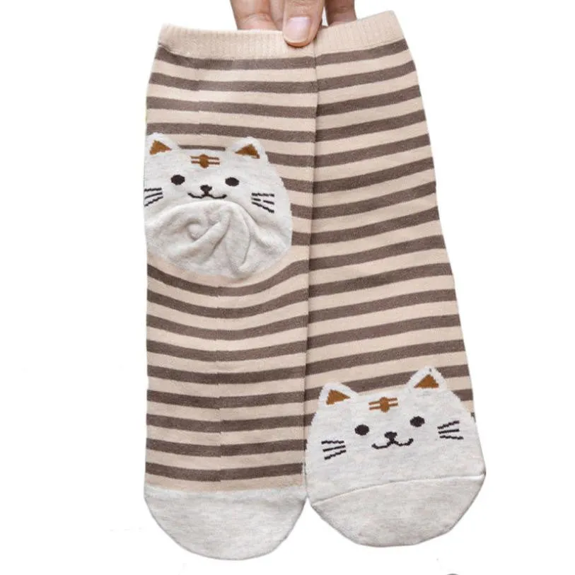 Cute 3D Cat Striped Cartoon Socks Women Cotton Socks Low Cut Ankle Socks