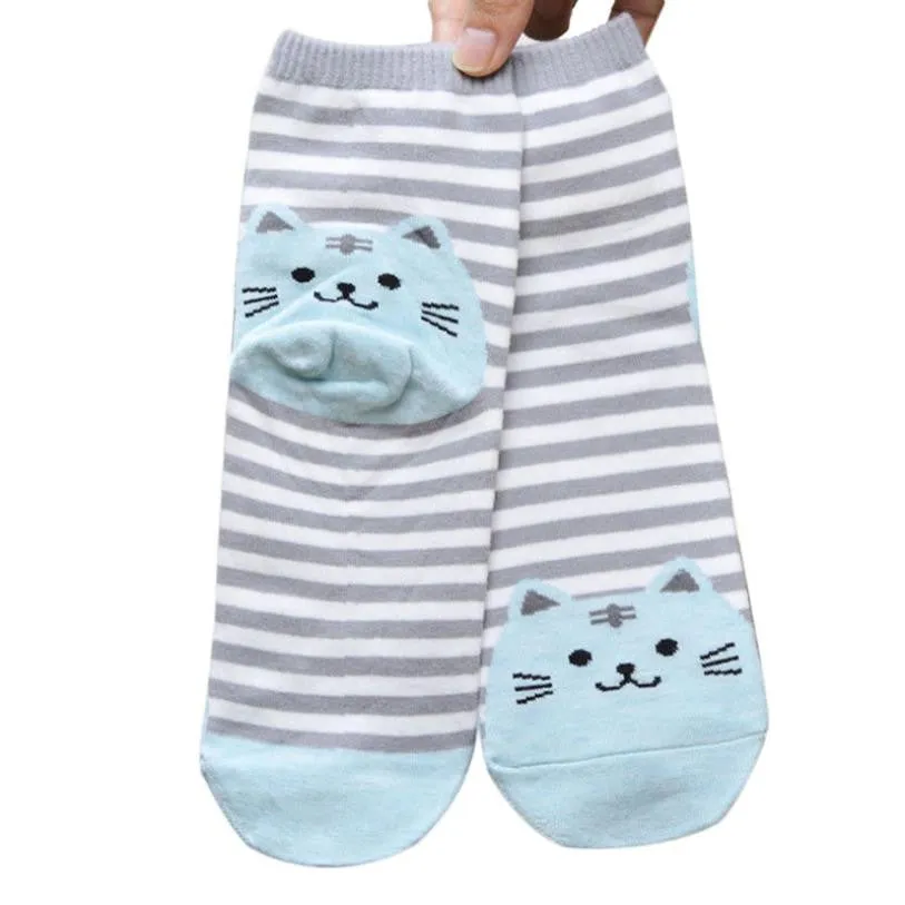 Cute 3D Cat Striped Cartoon Socks Women Cotton Socks Low Cut Ankle Socks