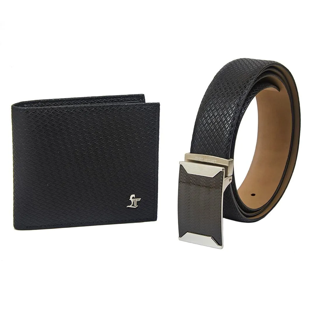 Italian Small Weave | Genuine Leather Wallet and Belt Gift Set | Wallet and Belt Combo | Plus Size Mens Belts | Colour: Black