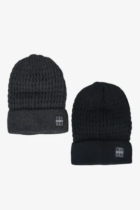 Men Black And  Charcoal Knitted Cap Set Of (2Piece)