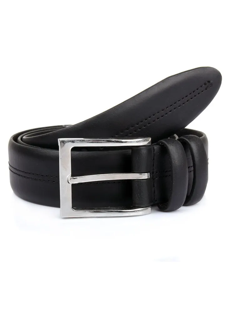 Men's Lined Full-Grain Leather Belt with Shiny Silver Buckle and Stitch Detail