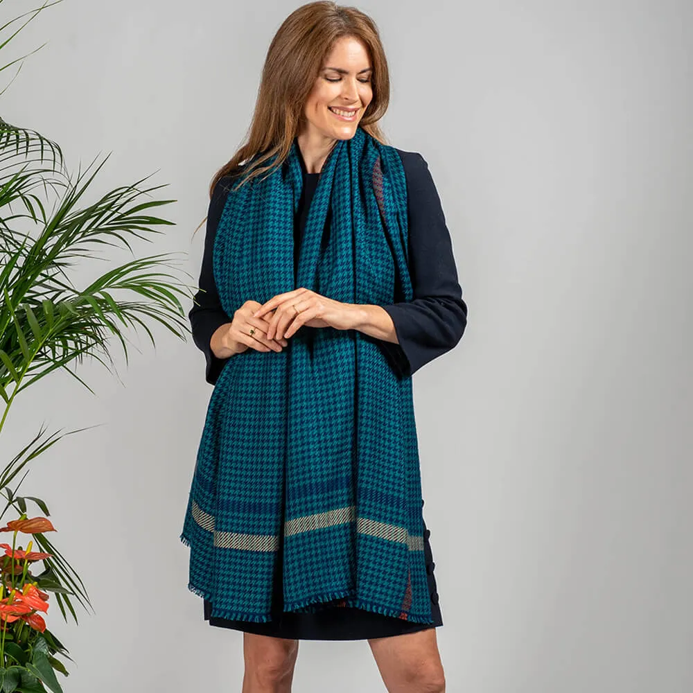 Navy and Teal Houndstooth Hand Woven Pashmina Cashmere Shawl