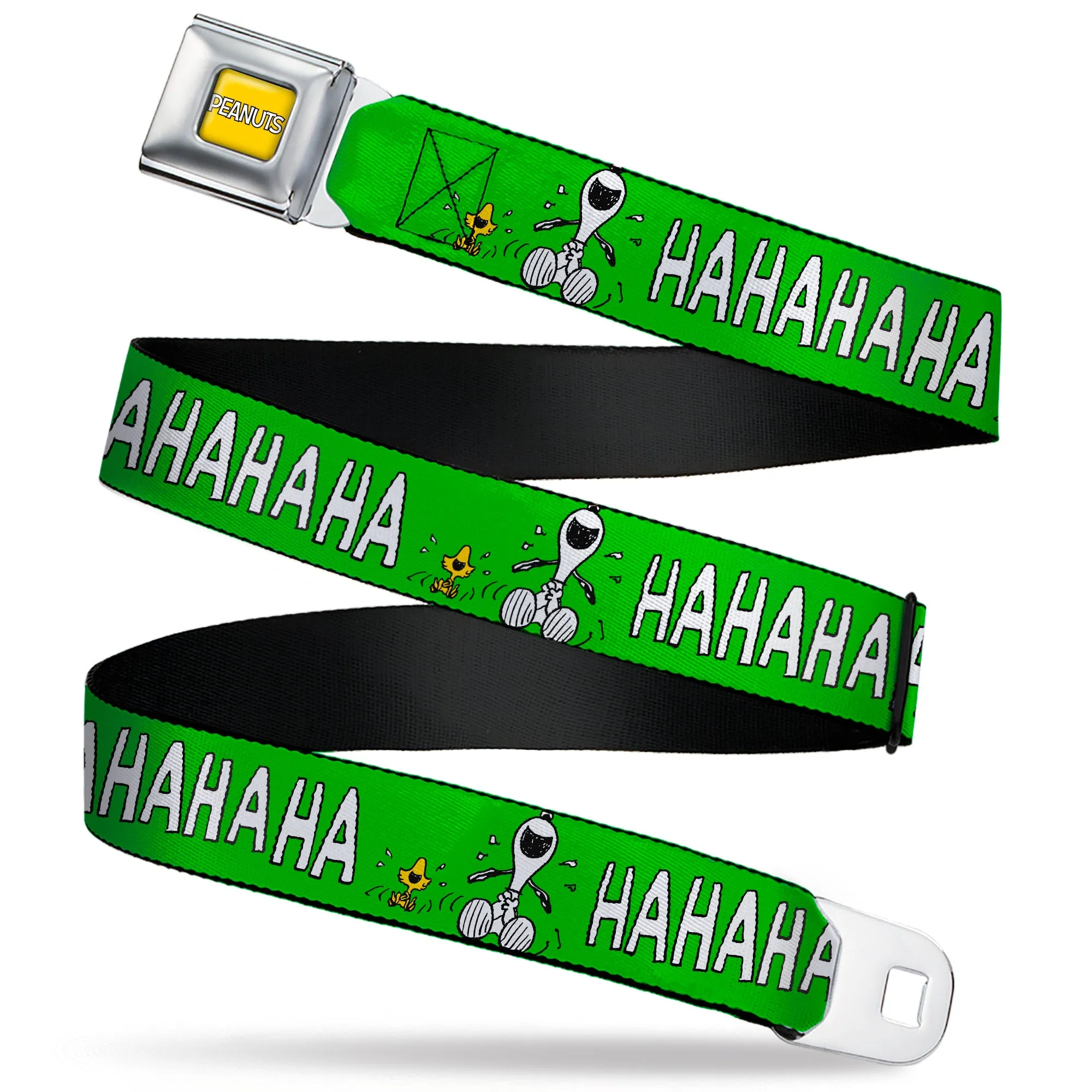 PEANUTS Title Logo Full Color Yellow/White Seatbelt Belt - Peanuts Snoopy and Woodstock Laughing HAHA Pose Green Webbing