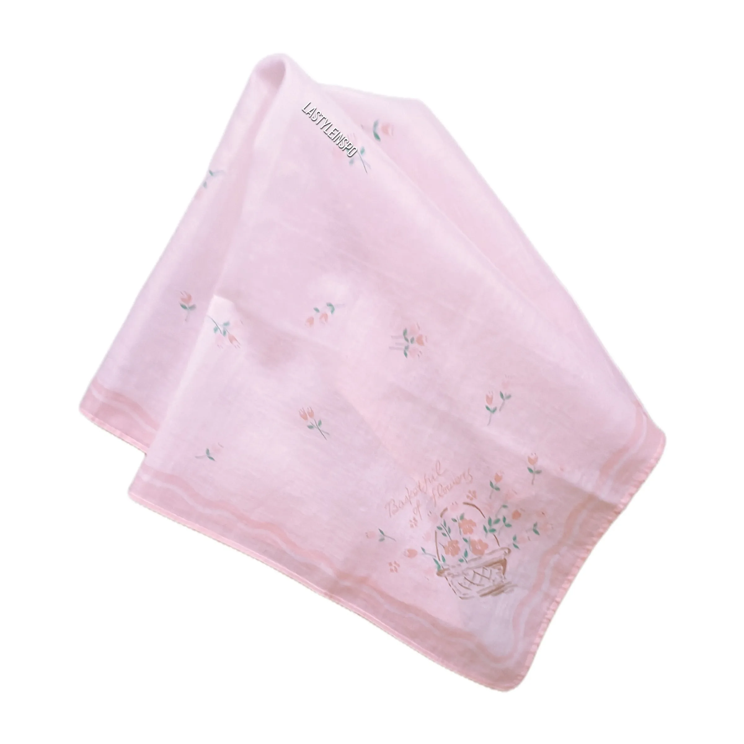 Rare Girly Handkerchief Basket of Flowers Pink White OS