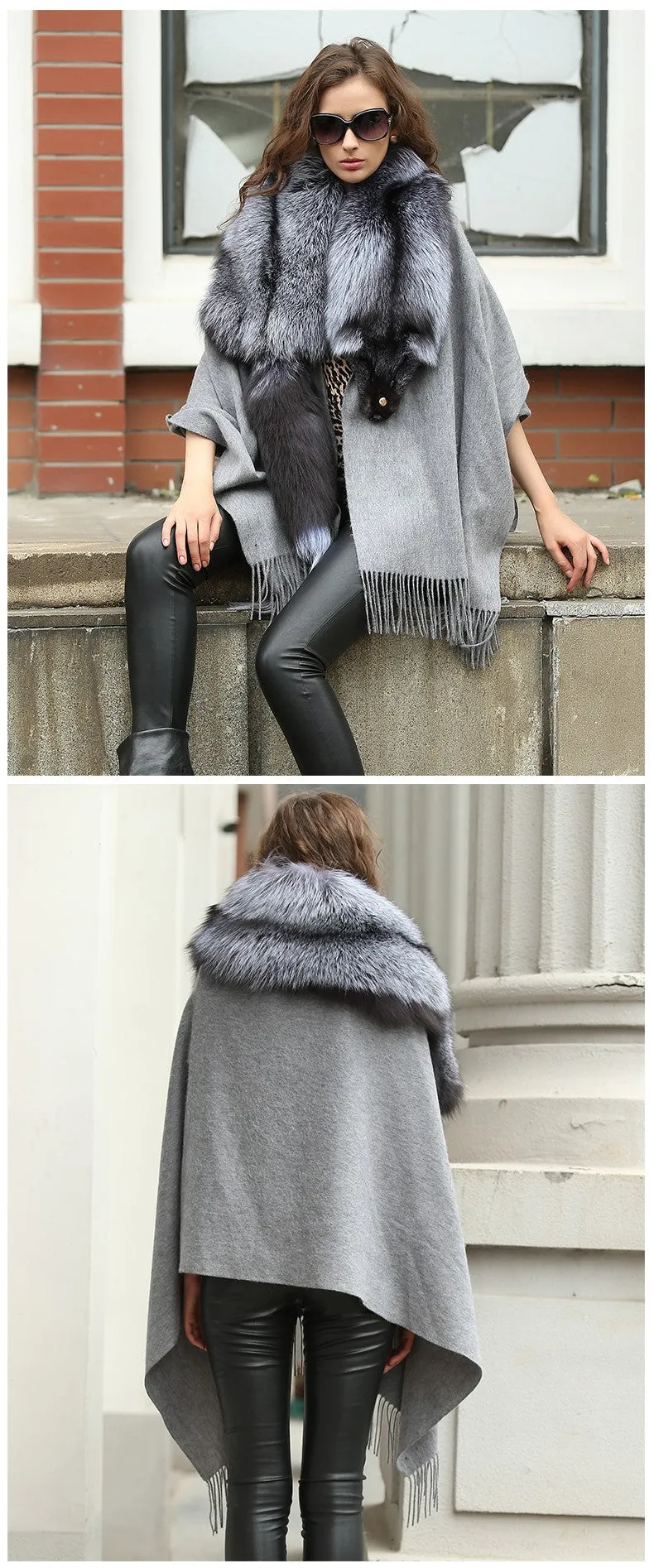 Real Silver Fox Fur Scarf Collar Shawls Cashmere Poncho