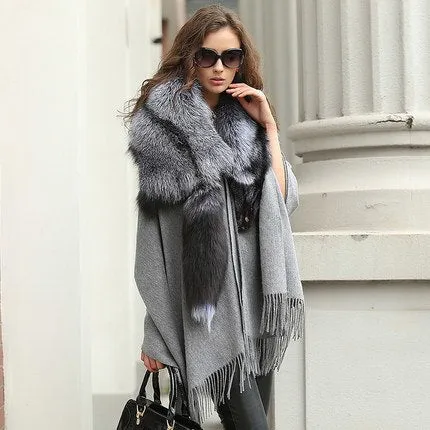 Real Silver Fox Fur Scarf Collar Shawls Cashmere Poncho