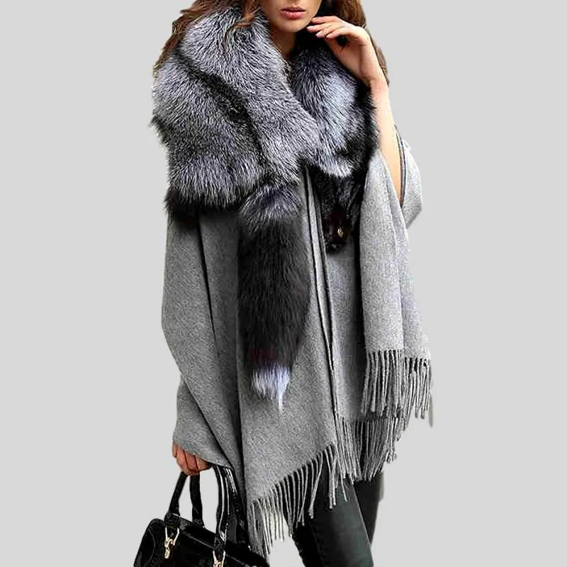 Real Silver Fox Fur Scarf Collar Shawls Cashmere Poncho