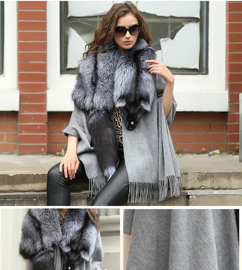 Real Silver Fox Fur Scarf Collar Shawls Cashmere Poncho