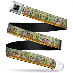 TEENAGE MUTANT NINJA TURTLES Logo Full Color Black Seatbelt Belt - Teenage Mutant Ninja Turtles Battle Foot Soldiers Ninjas Arcade Scene Tan Webbing