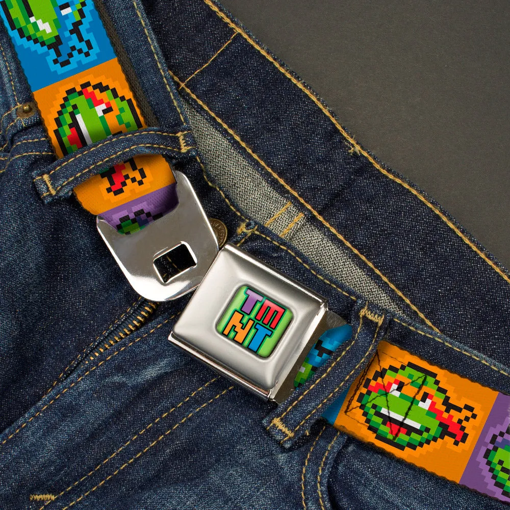 TMNT 8-Bit Full Color Greens/Multi Color Seatbelt Belt - Classic Teenage Mutant Ninja Turtles 8-Bit Face Blocks Multi Color Webbing