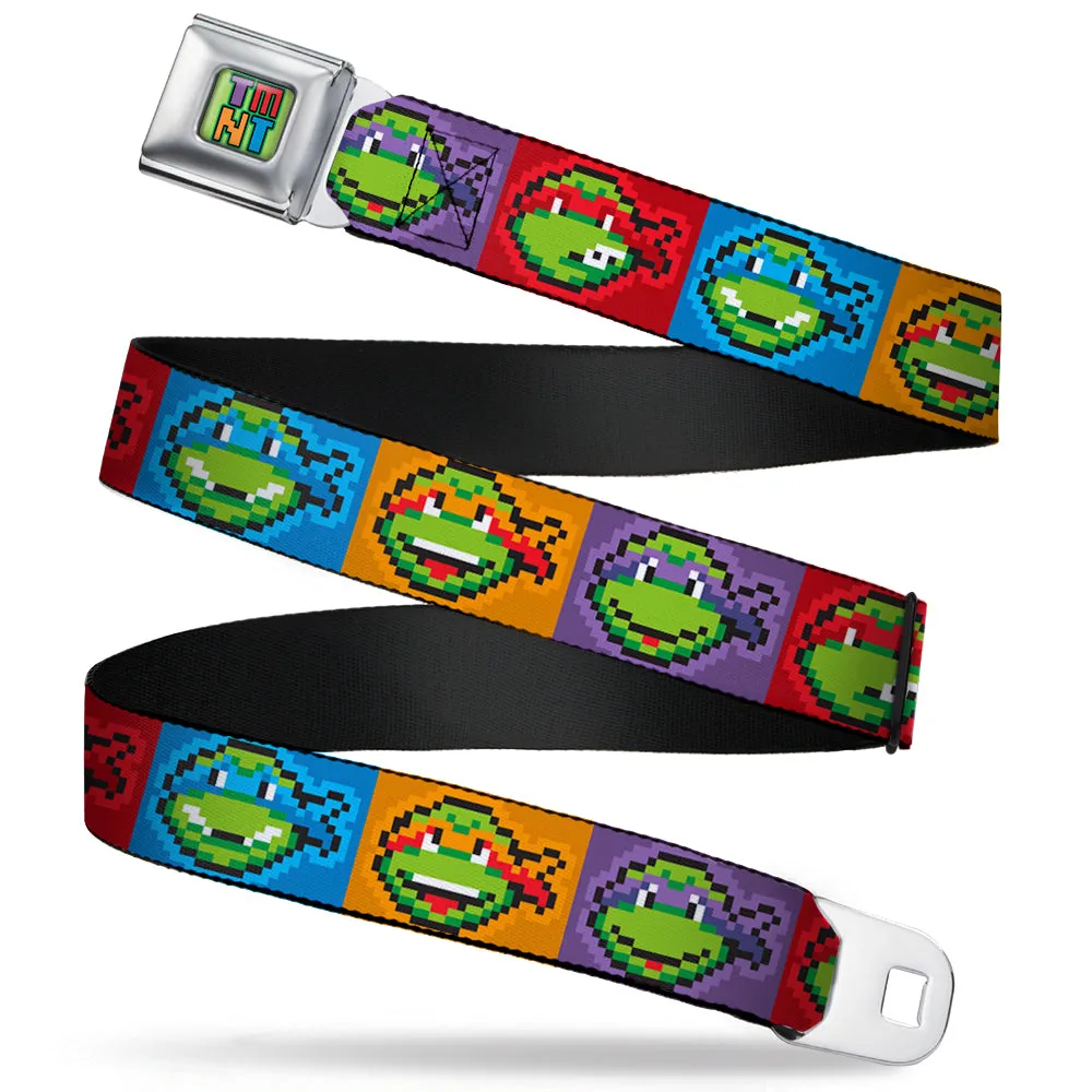 TMNT 8-Bit Full Color Greens/Multi Color Seatbelt Belt - Classic Teenage Mutant Ninja Turtles 8-Bit Face Blocks Multi Color Webbing