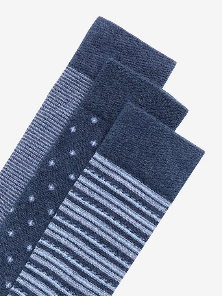 WES Lounge Navy Printed Cotton Blend Socks - Pack of 3