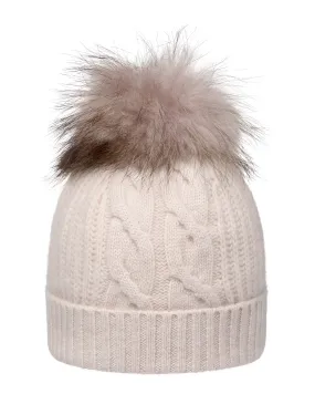 Women's Cable Cashmere Hat With Fur Pom Frost White